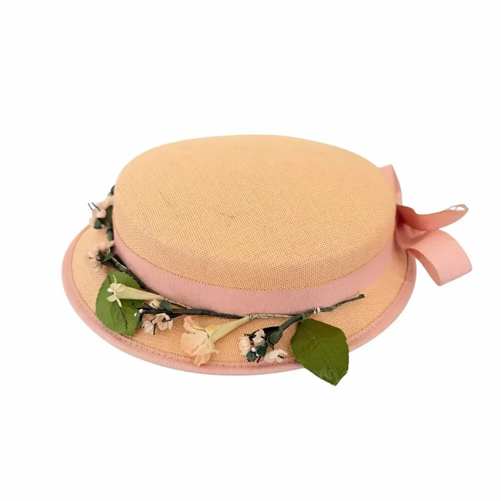 Vtg Pink Straw Boater Hat Floral Ribbton Sun Skimmer Garden Party Cottagecare